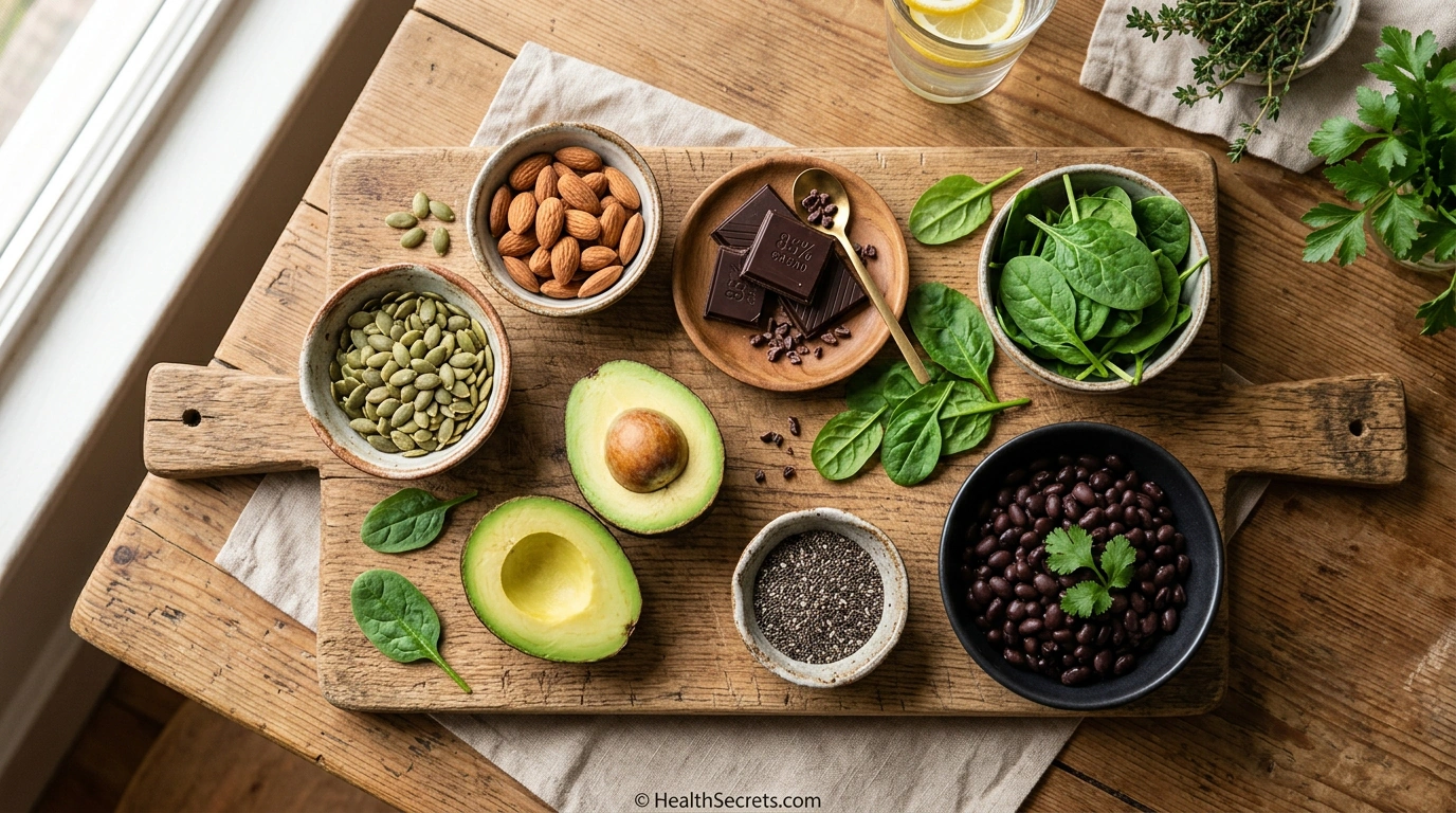 Flat-lay photograph of magnesium-rich foods for sleep support including pumpkin seeds, almonds, dark chocolate, spinach, and avocado