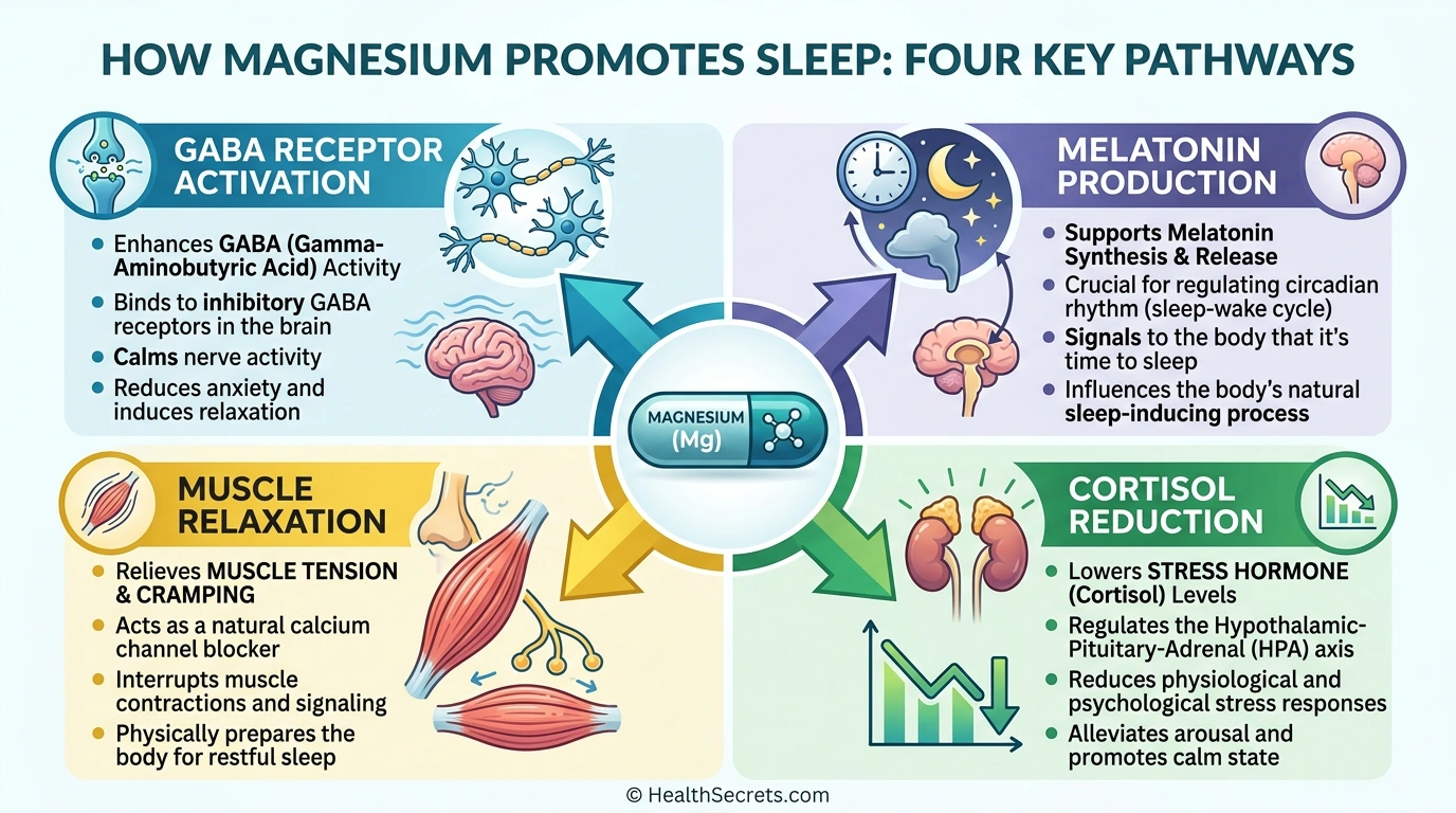 Diagram showing four mechanisms by which magnesium promotes sleep including GABA activation, melatonin production, cortisol reduction, and muscle relaxation