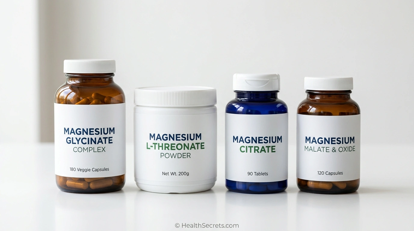 Various magnesium supplement bottles representing different forms including glycinate, L-threonate, and citrate for sleep support