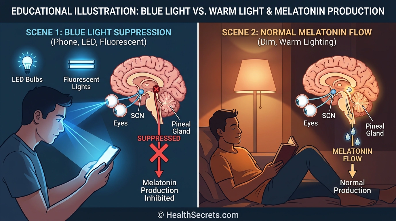 Illustration comparing blue light screen exposure suppressing melatonin versus warm dim lighting supporting natural production