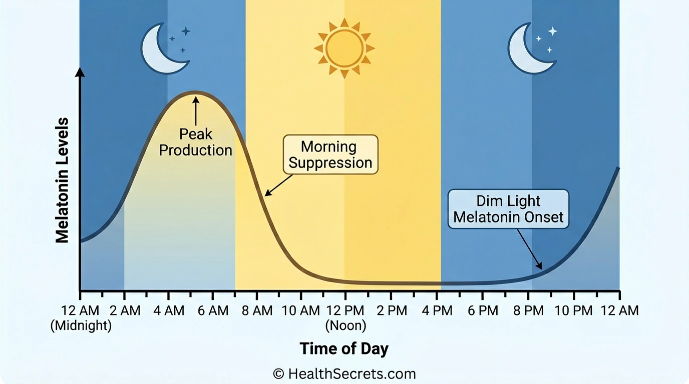24-hour circadian rhythm diagram showing natural melatonin production levels throughout day and night