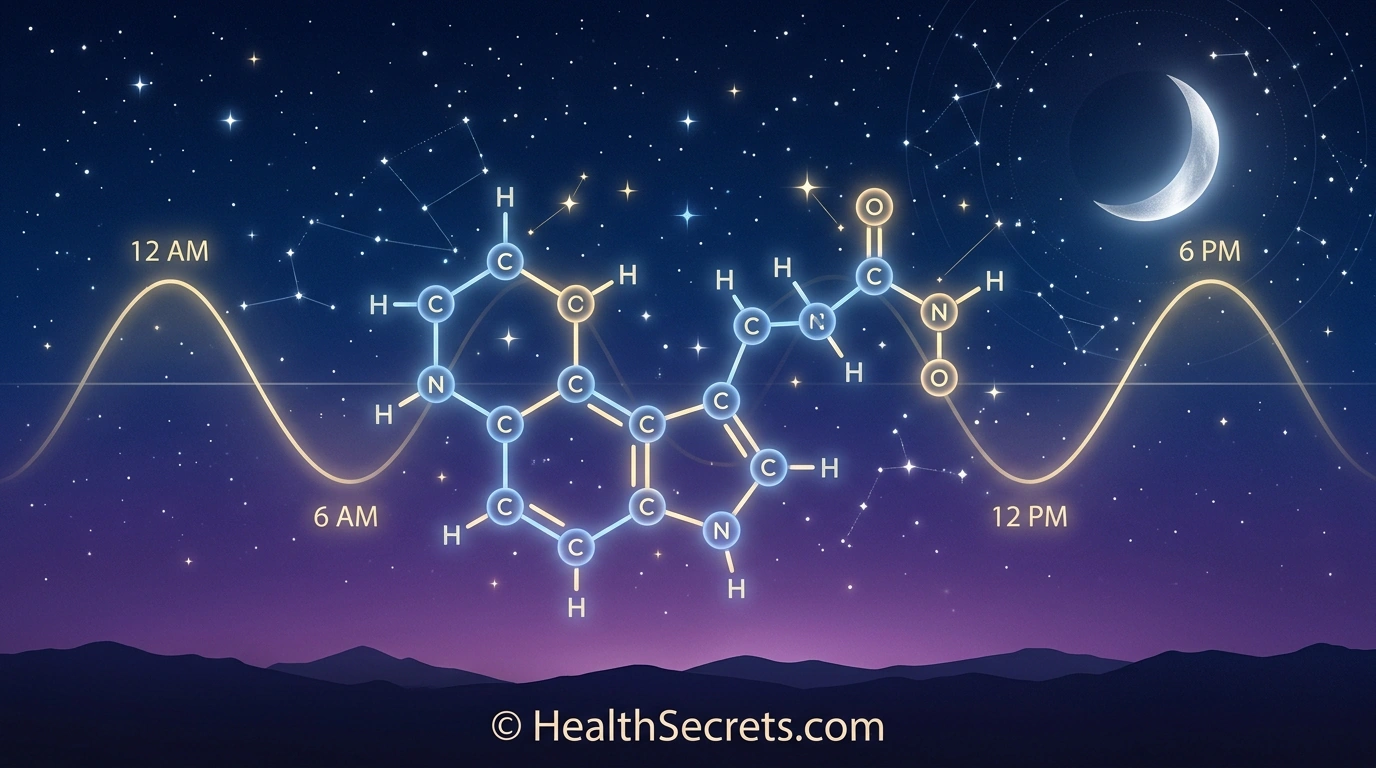 Melatonin molecule illustration with circadian rhythm cycle and nighttime sky background