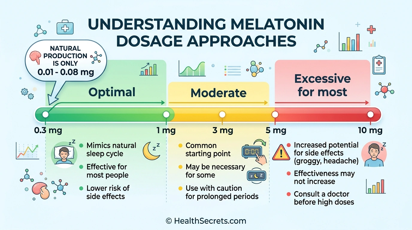 Melatonin dosing guide infographic showing optimal, moderate, and excessive dose ranges