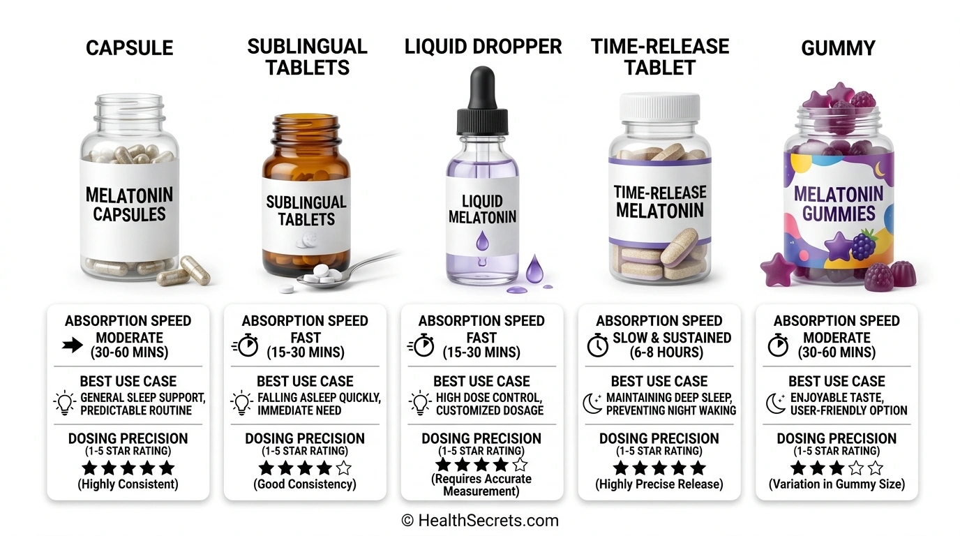 Visual comparison of melatonin supplement forms including capsule, sublingual, liquid, time-release, and gummy options