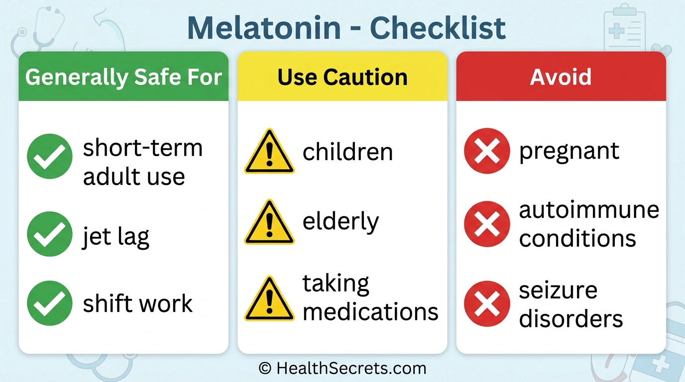Melatonin safety checklist showing who can safely use, who should use caution, and who should avoid melatonin