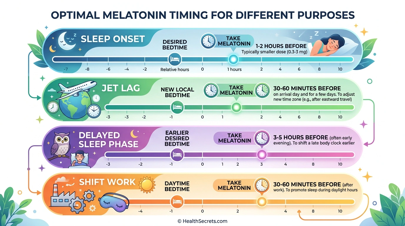 Timing chart showing when to take melatonin for sleep onset, jet lag, delayed sleep phase, and shift work