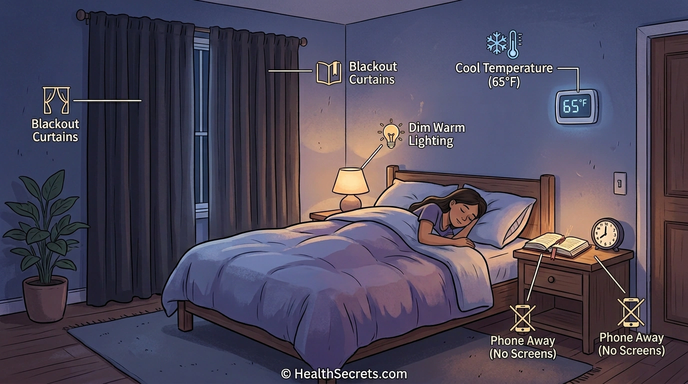 Ideal bedroom setup for sleep hygiene showing blackout curtains, cool temperature, dim lighting, and no screens