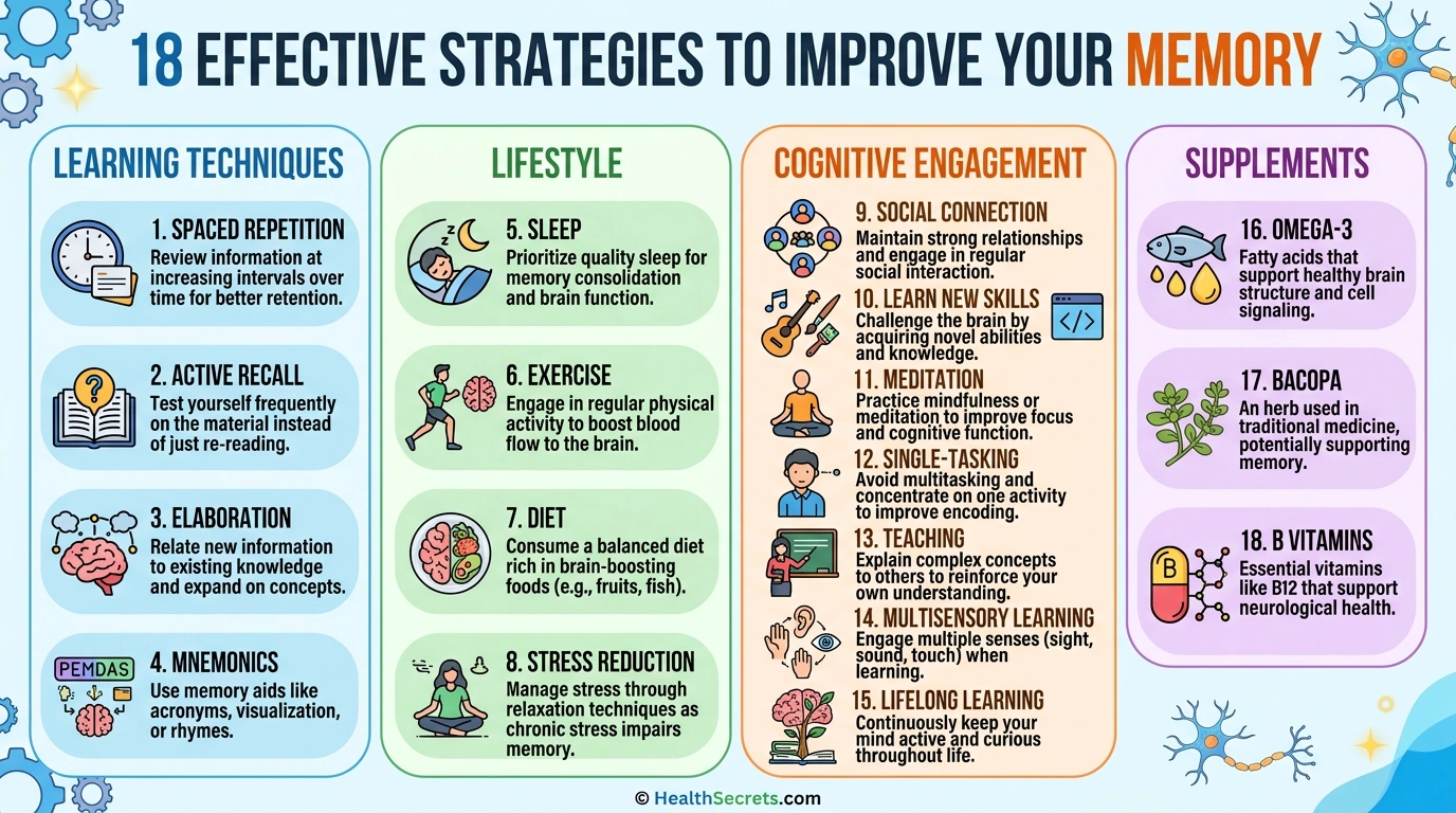 Infographic of 15 science-backed memory improvement strategies organized by category with icons