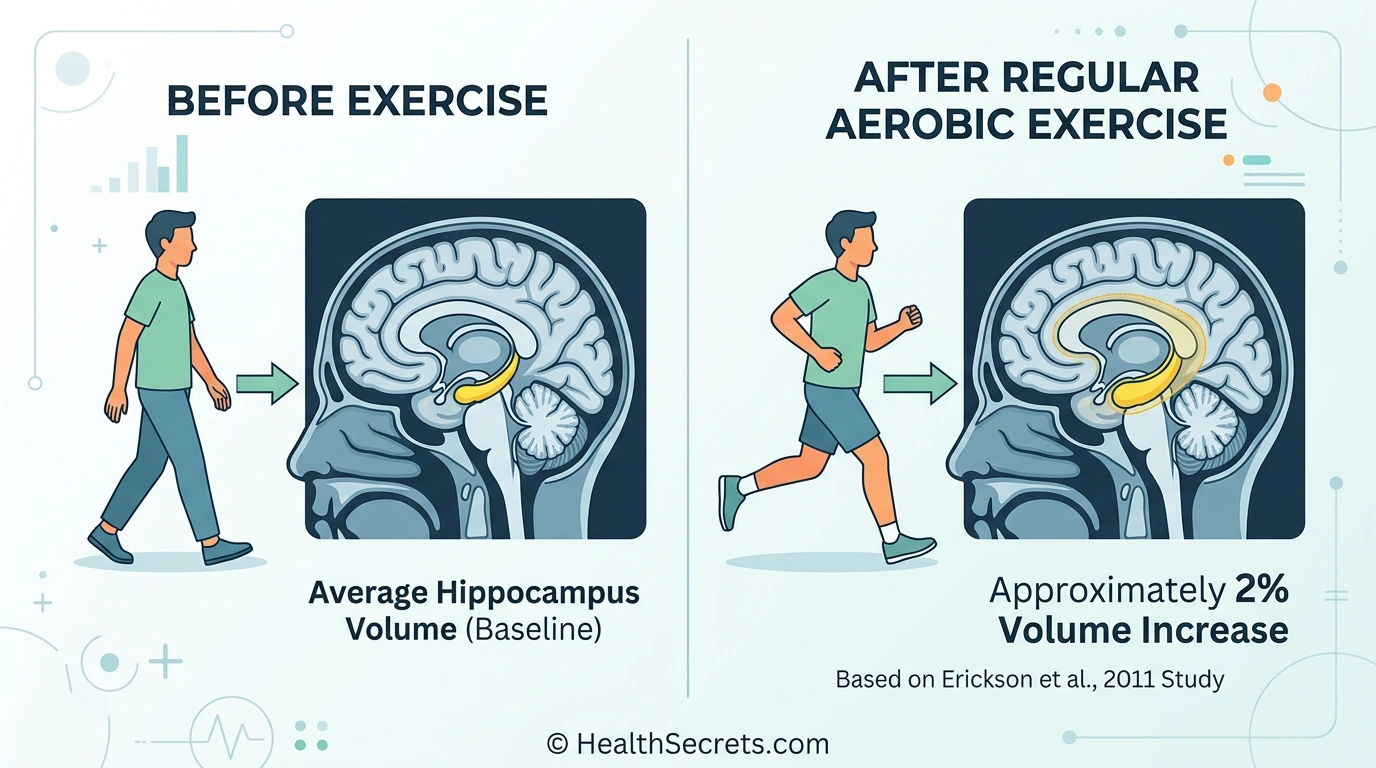 Illustration showing how aerobic exercise increases hippocampal volume by 2 percent improving memory