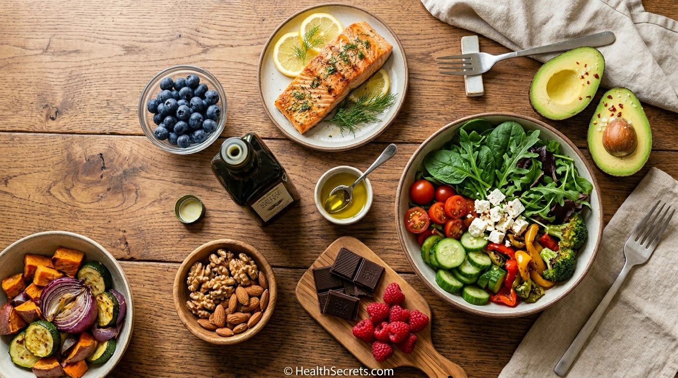 Mediterranean diet brain foods including salmon, blueberries, walnuts, olive oil, and leafy greens for memory improvement