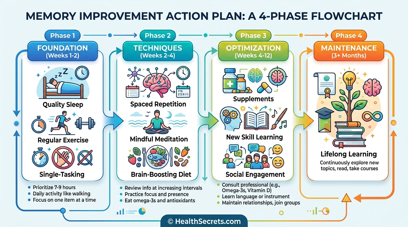 Four-phase memory improvement action plan flowchart from foundation to maintenance with timeline