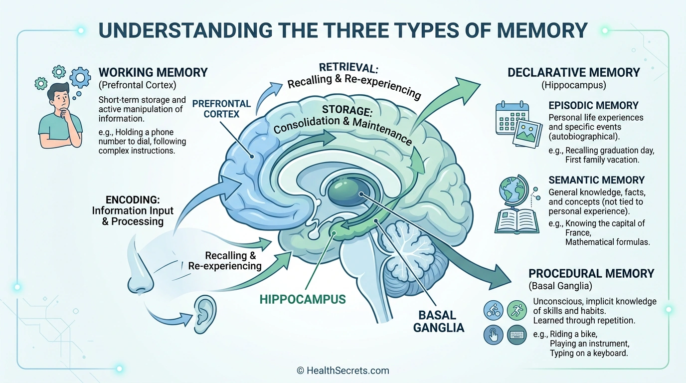Diagram showing three types of memory - working, declarative, and procedural - with associated brain regions