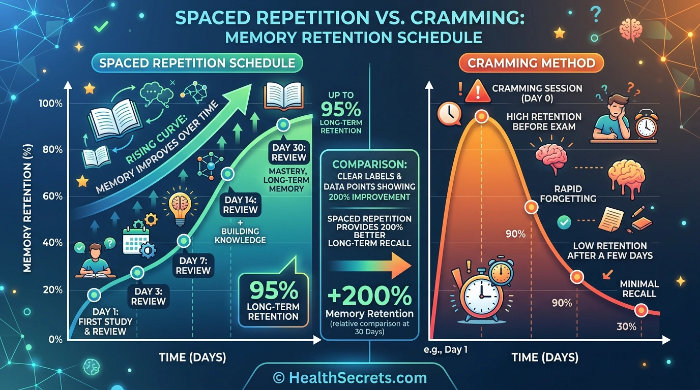 Spaced repetition timeline showing review intervals and memory retention curve compared to cramming