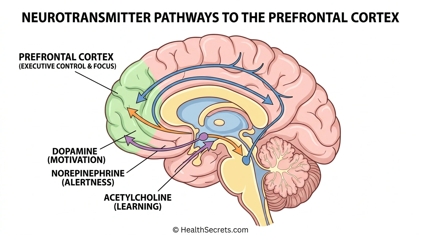 Brain diagram showing prefrontal cortex and neurotransmitters dopamine norepinephrine and acetylcholine for focus