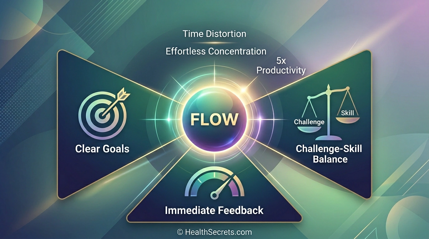 Flow state conditions diagram showing clear goals immediate feedback and challenge-skill balance