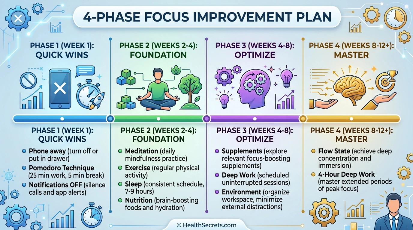 Four-phase focus improvement action plan timeline from quick wins to flow state mastery
