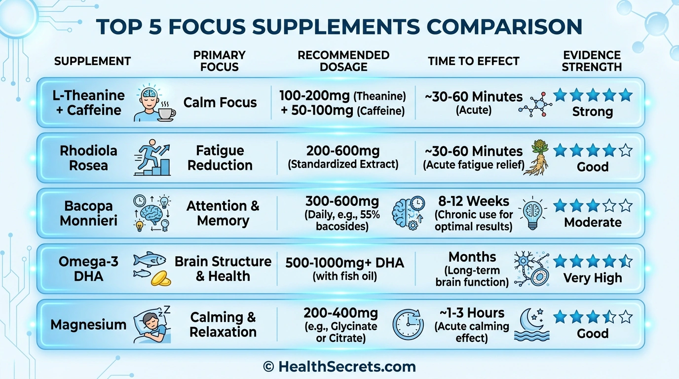 Focus supplements comparison chart showing L-theanine caffeine rhodiola bacopa omega-3 and magnesium