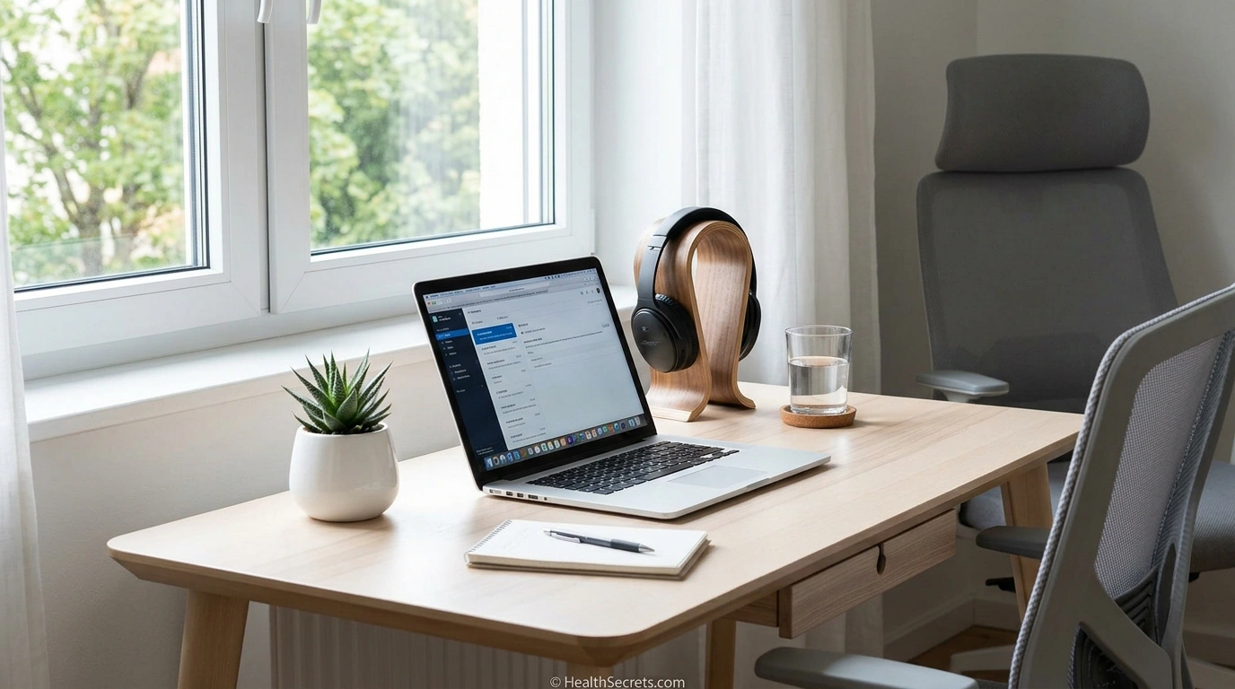 Clean organized workspace with natural light, plant, and headphones for improving focus naturally
