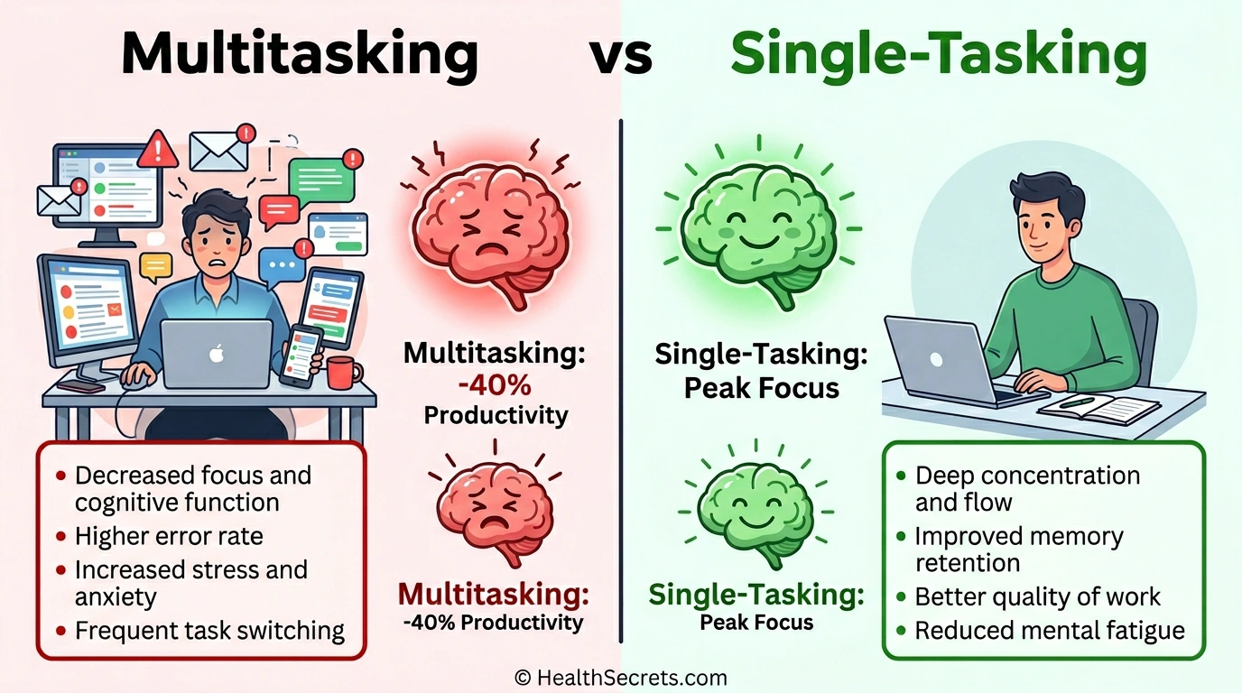 Comparison infographic showing multitasking reduces productivity 40 percent versus single-tasking for peak focus