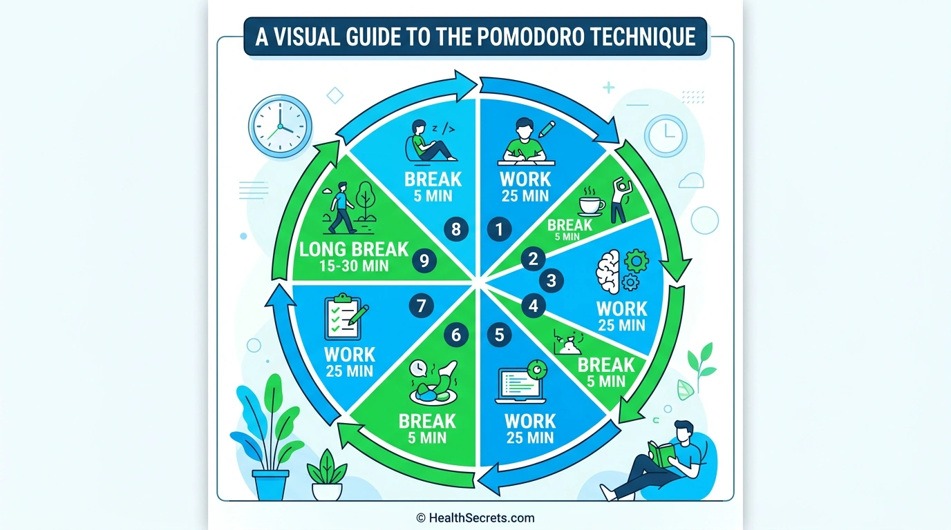 Visual guide to the Pomodoro Technique showing 25-minute work and 5-minute break cycles