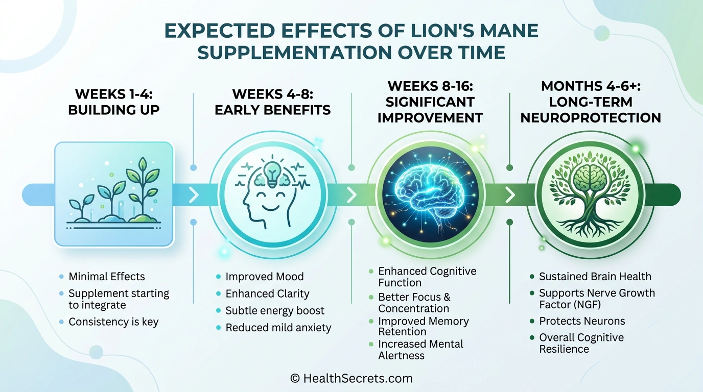 Timeline infographic showing expected lion's mane mushroom benefits over weeks 1 through 16 plus for brain health