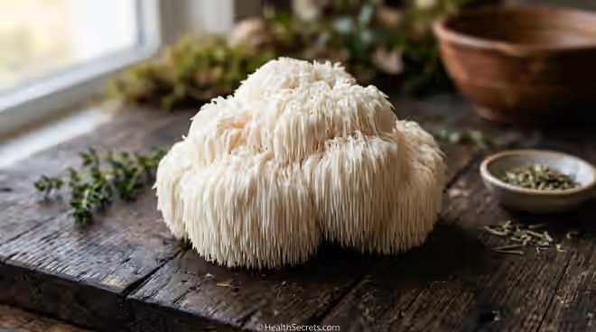 Fresh lion's mane mushroom Hericium erinaceus with white cascading spines on dark wood background for brain health supplementation