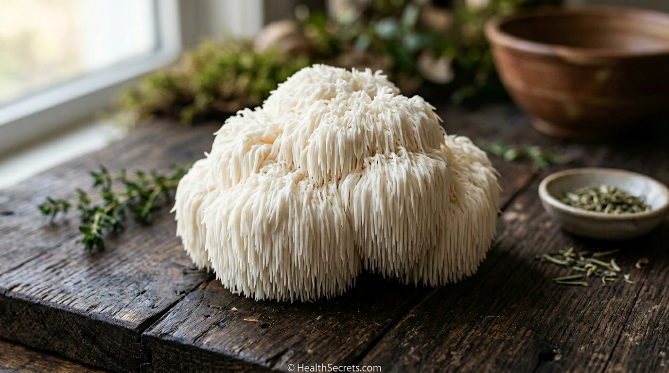 Fresh lion's mane mushroom Hericium erinaceus with white cascading spines on dark wood background for brain health supplementation