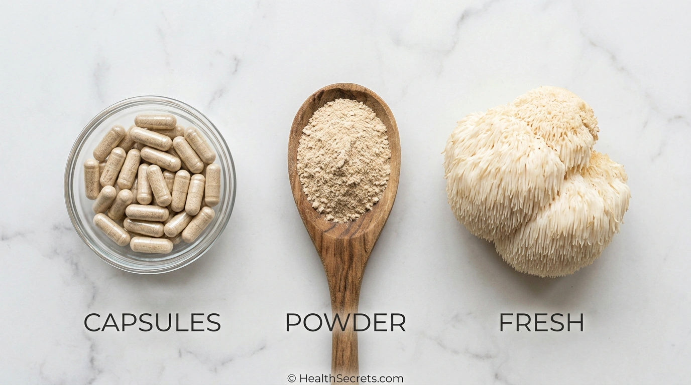 Three forms of lion's mane mushroom supplements compared side by side capsules powder and fresh whole mushroom