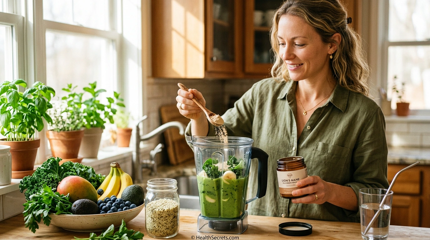 Person adding lion's mane mushroom powder to morning smoothie in bright kitchen for daily brain health supplementation