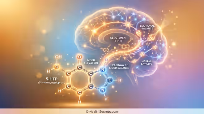 5-HTP molecular structure illustration with serotonin synthesis pathway and brain visualization