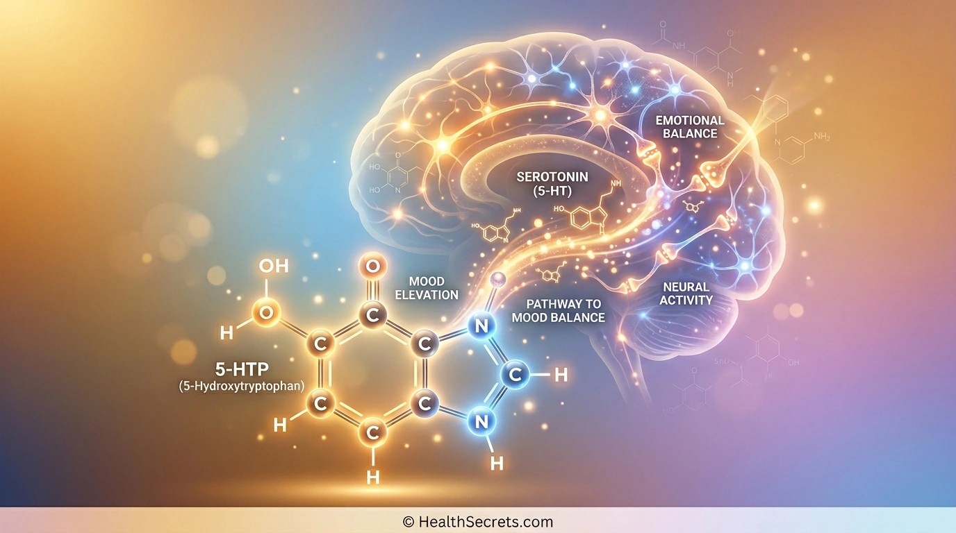 5-HTP molecular structure illustration with serotonin synthesis pathway and brain visualization