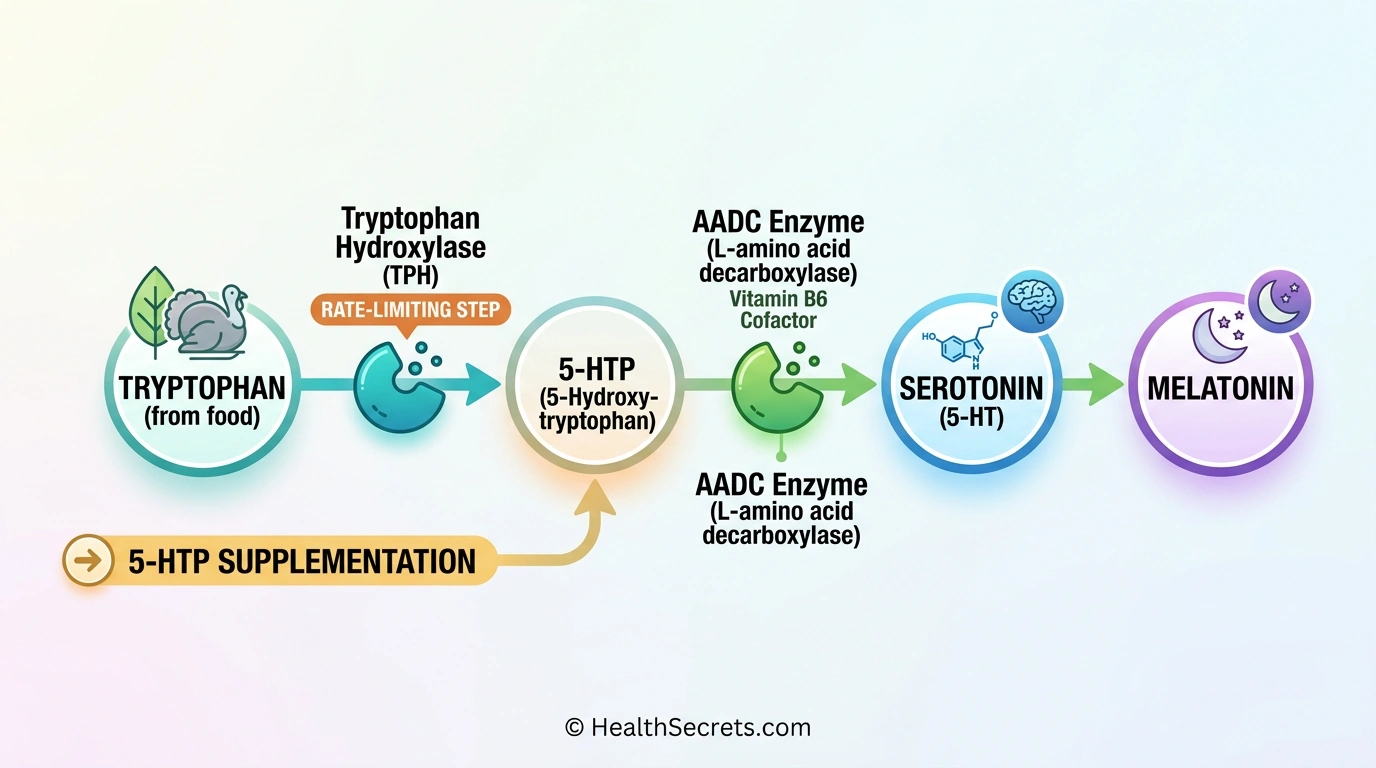 Serotonin synthesis pathway diagram showing tryptophan to 5-HTP to serotonin to melatonin conversion steps