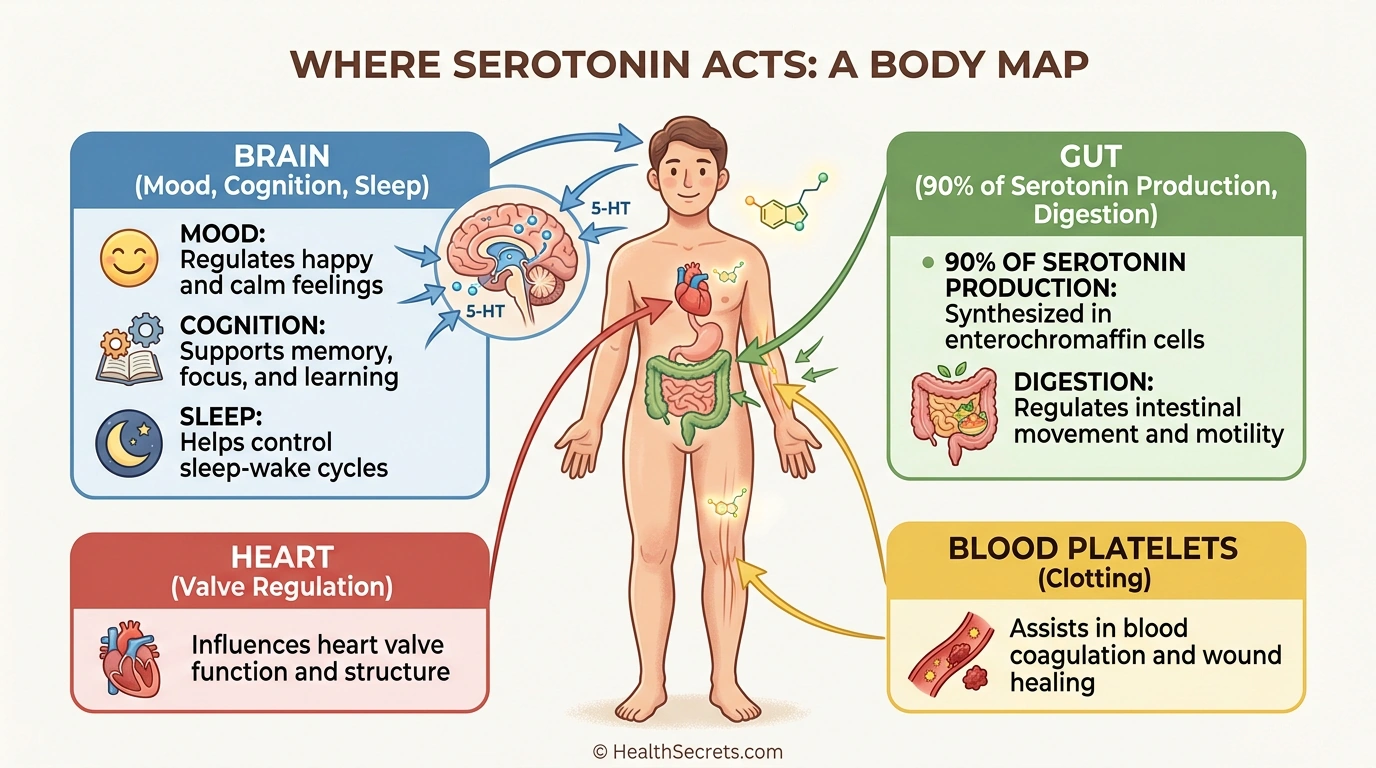 Body map illustration showing serotonin roles in brain mood regulation, gut function, and other body systems