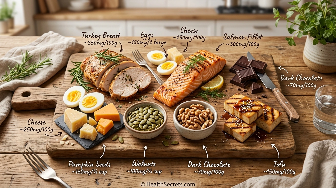 Flat-lay arrangement of tryptophan-rich foods including turkey, eggs, cheese, nuts, salmon, and dark chocolate