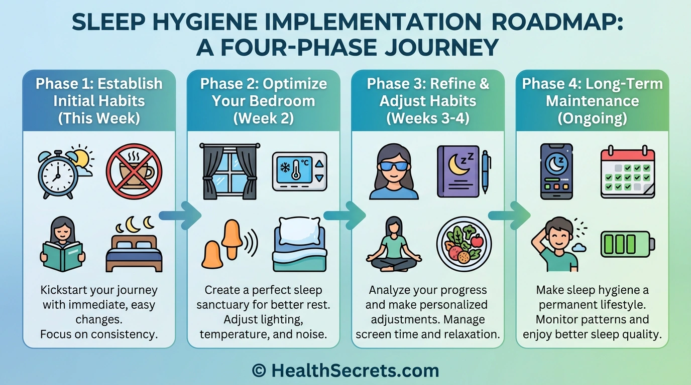Four-phase sleep hygiene implementation roadmap from quick wins to ongoing maintenance