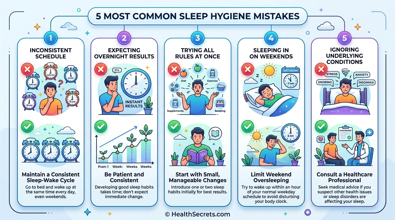 Infographic of five common sleep hygiene mistakes and how to avoid them