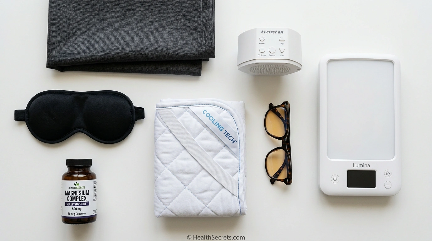 Flat lay of recommended sleep hygiene products including blackout curtains, sleep mask, white noise machine, and supplements