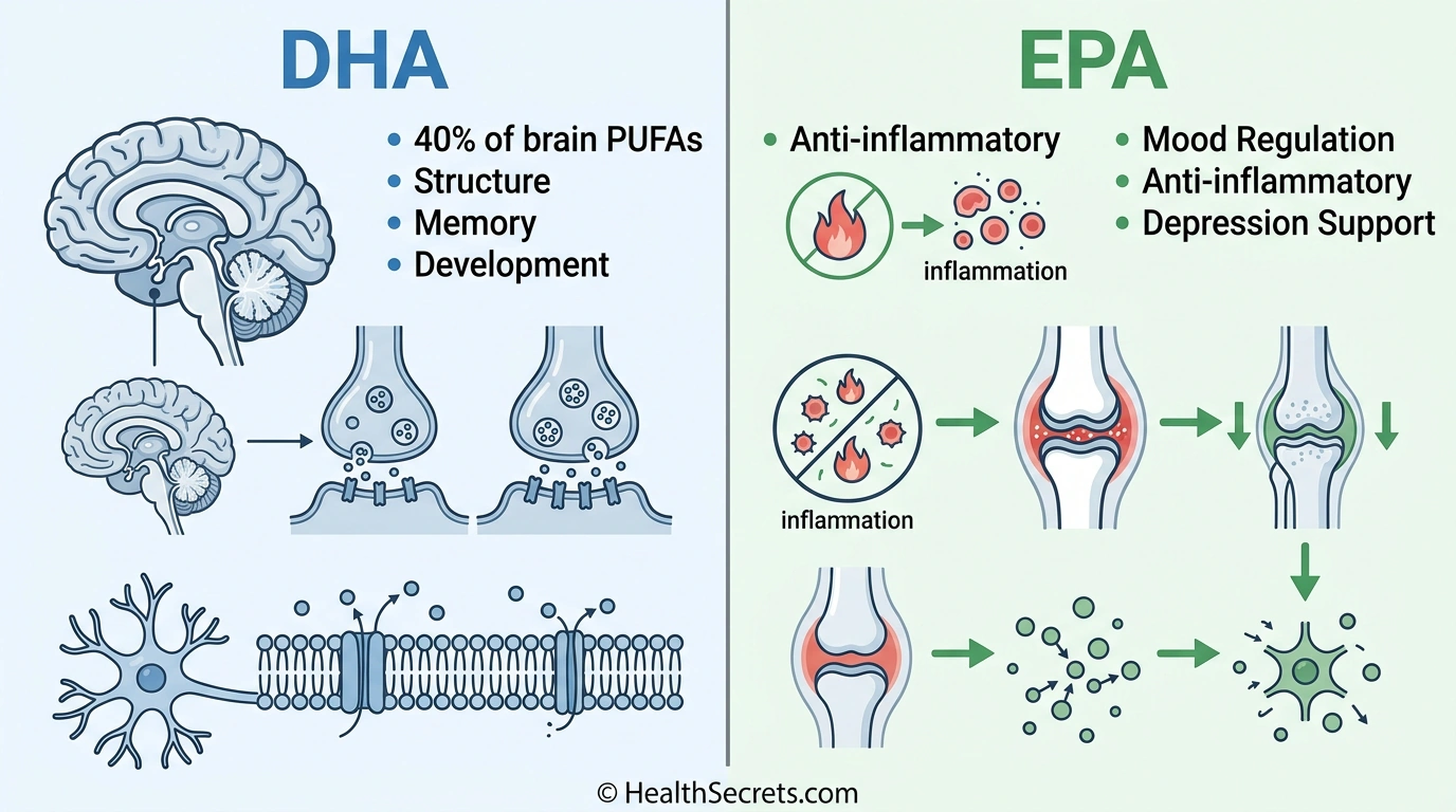 DHA vs EPA comparison infographic showing different brain health roles of each omega-3 fatty acid