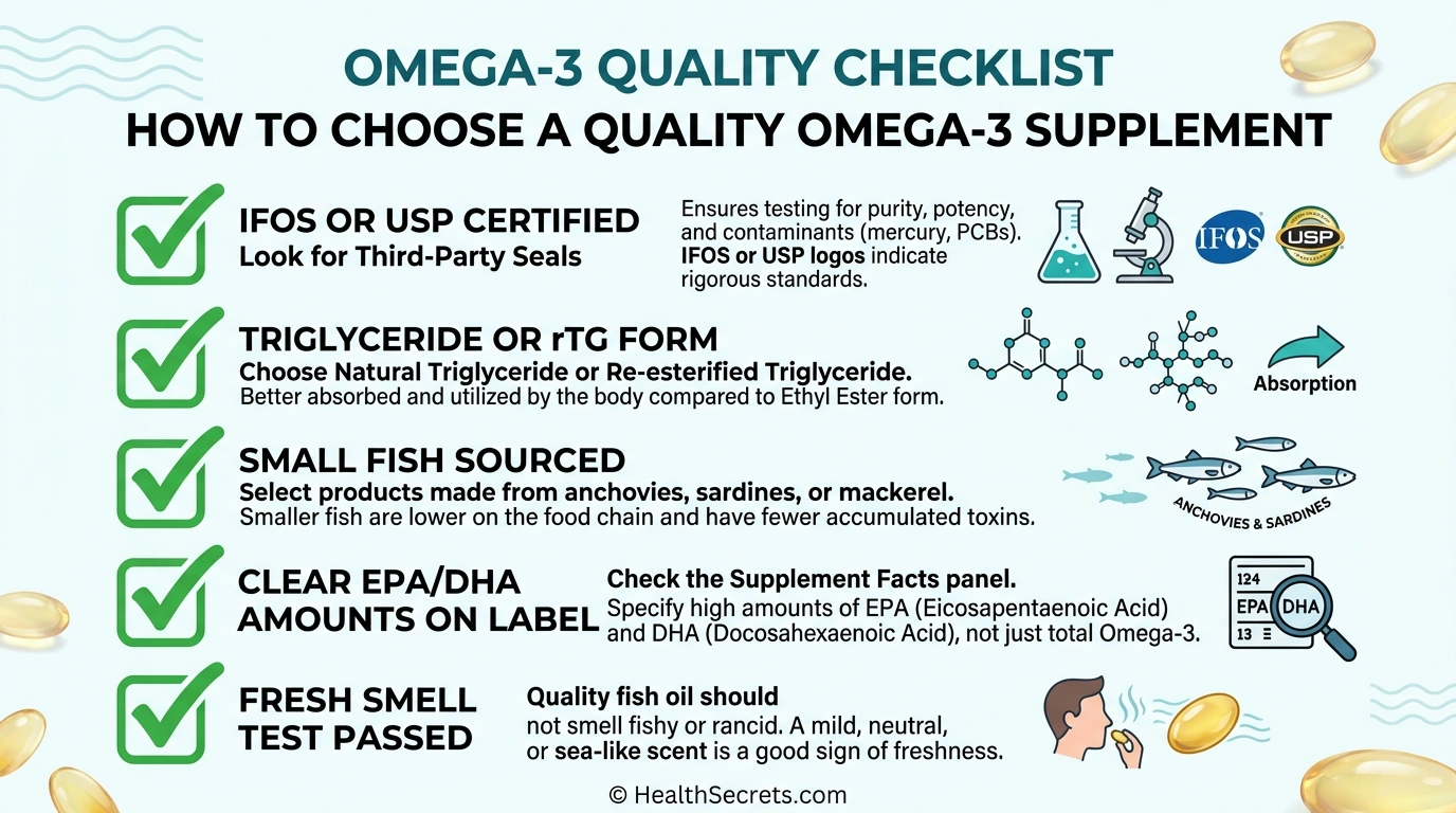 Quality checklist for choosing omega-3 fish oil supplements showing IFOS certification and triglyceride form