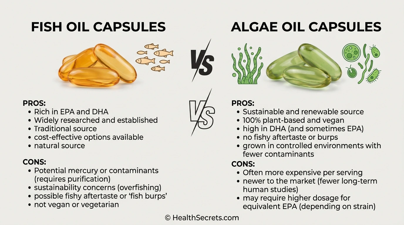 Fish oil vs algae oil omega-3 supplement comparison showing pros and cons of each source