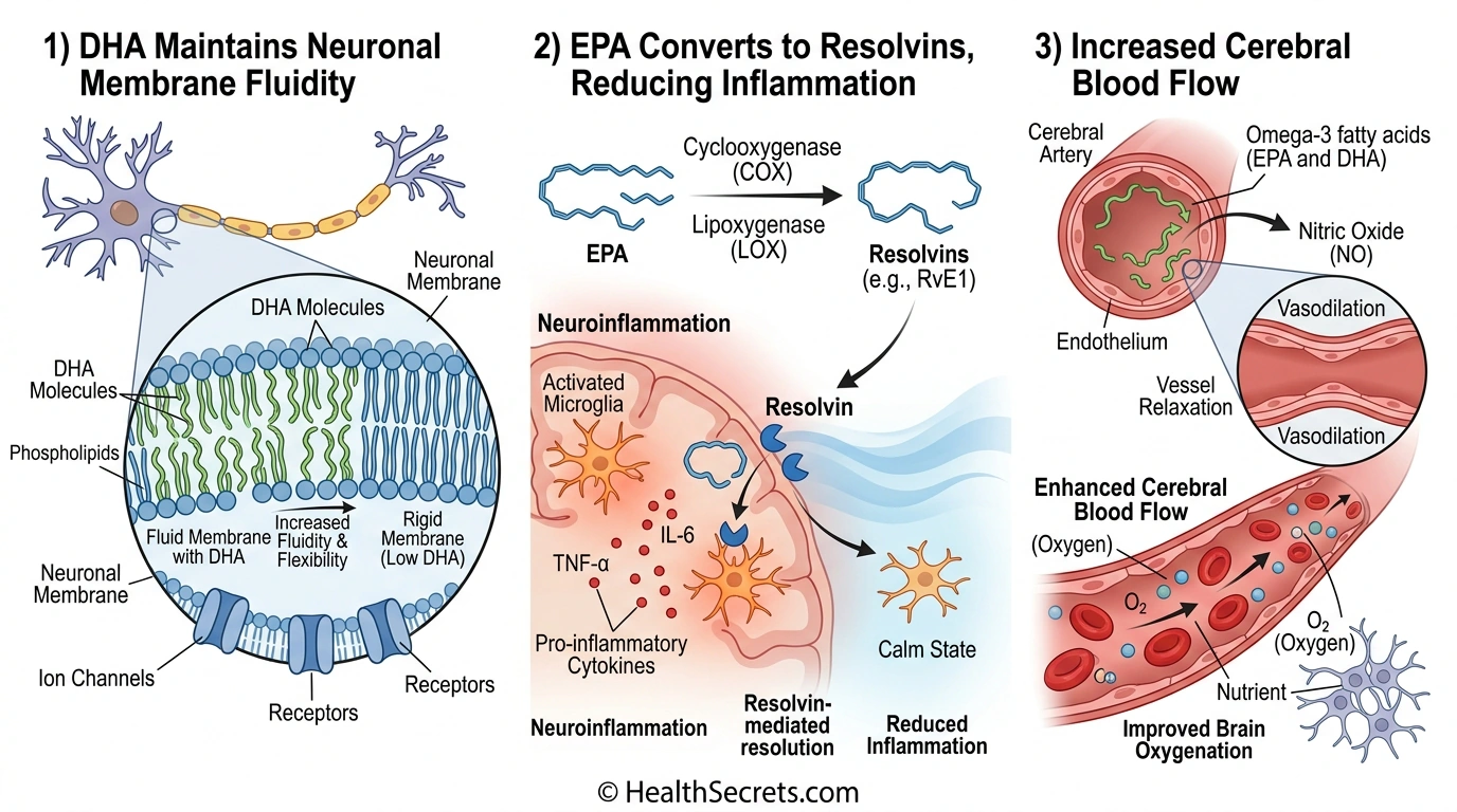 Three mechanisms of omega-3 fatty acids in the brain showing membrane fluidity inflammation reduction and blood flow
