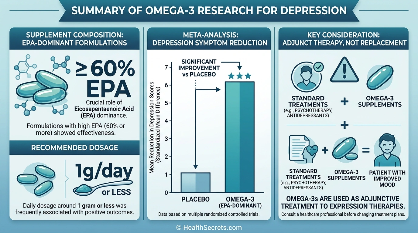 Research summary infographic showing omega-3 EPA effectiveness for depression symptoms in clinical trials