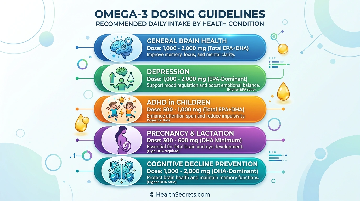 Omega-3 dosing guidelines infographic for brain health depression ADHD pregnancy and cognitive decline prevention