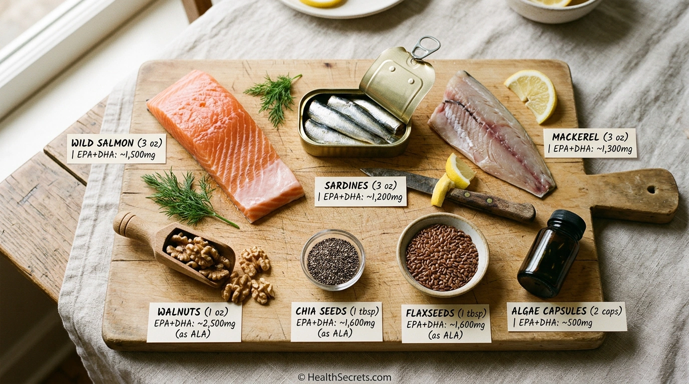 Top omega-3 food sources for brain health including salmon sardines mackerel walnuts and chia seeds