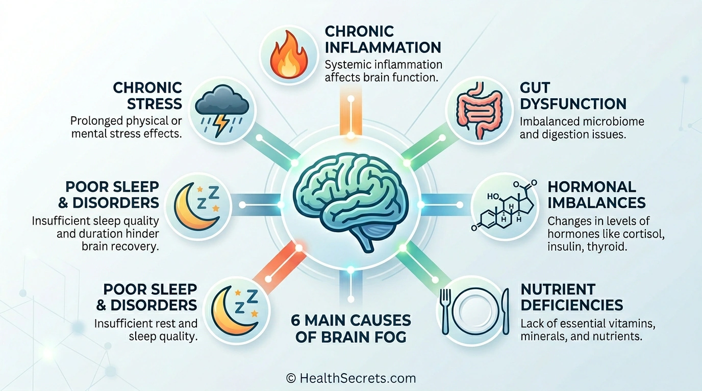 Brain fog causes infographic showing neuroinflammation gut dysfunction hormonal imbalances nutrient deficiencies sleep and stress
