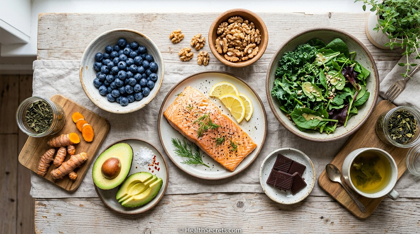 Brain healthy foods for brain fog including salmon blueberries walnuts avocado leafy greens dark chocolate turmeric and green tea