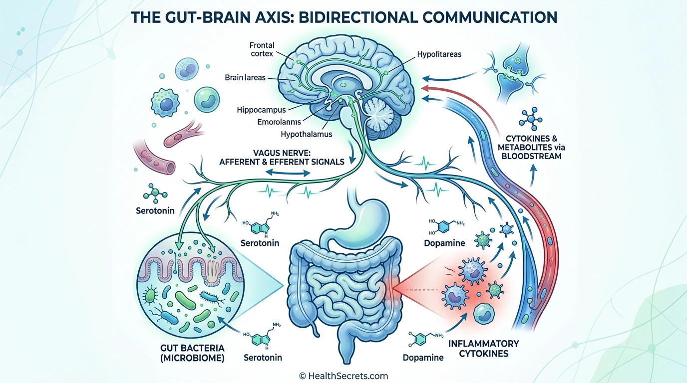 Gut-brain axis diagram showing vagus nerve connection neurotransmitter production and microbiome influence on cognitive function