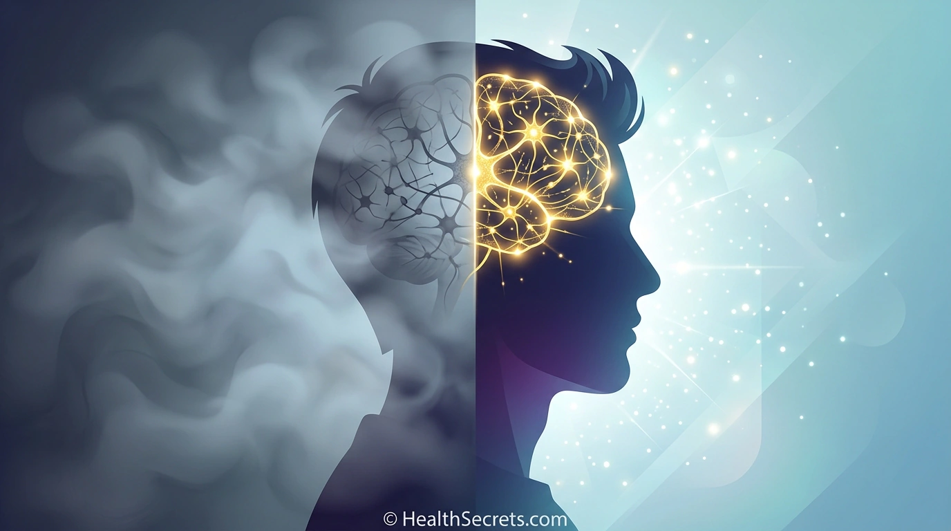 Brain fog to mental clarity illustration showing cognitive recovery and neural connections