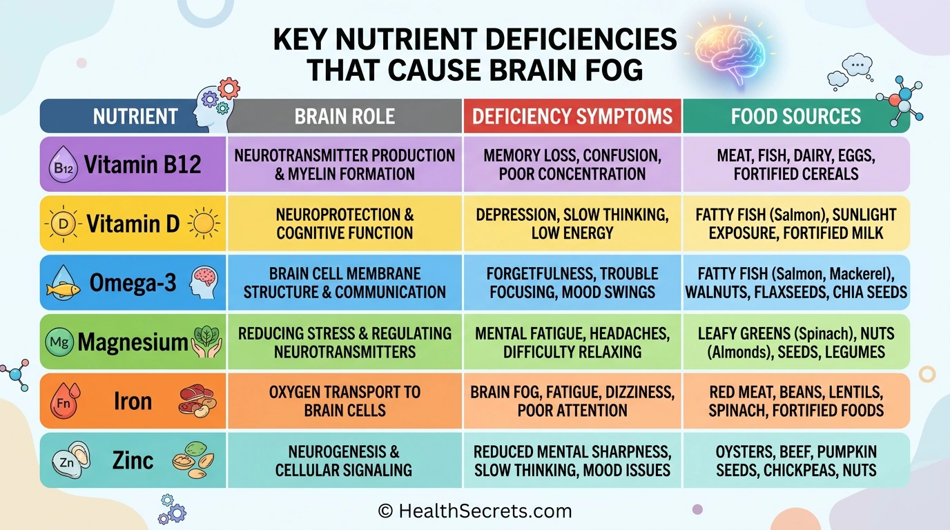 Nutrient deficiencies causing brain fog including vitamin B12 vitamin D omega-3 magnesium iron and zinc with symptoms and food sources