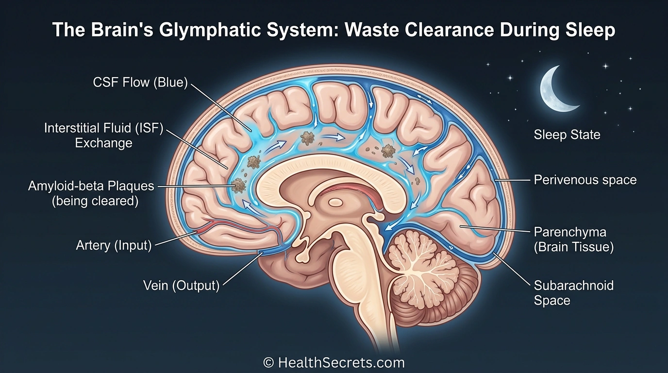 Brain glymphatic system illustration showing waste clearance during sleep critical for preventing brain fog
